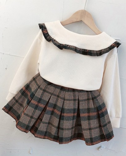 Baby Girl Beige Kintted Long Sleeve Top and Mini Plaid Skirt 2PCS Set