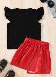 Kids Girl Heart Print Black Short Sleeve Shirt and Red Leather Skirt 2PCS Set