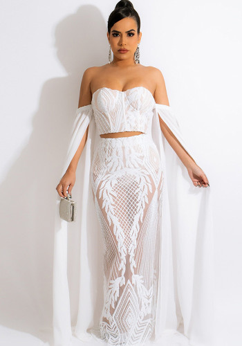 White Sequined Off Shoulder Cape Sleeve Crop Top and Skinny Maxi Skirt 2PCS Set