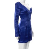Blue V-Neck One Sleeve Slit Mini Slinky Dress