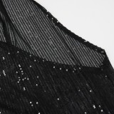 Rhinestone Black Sequin O-Neck Long Sleeves Slit Sheath Maxi Dress