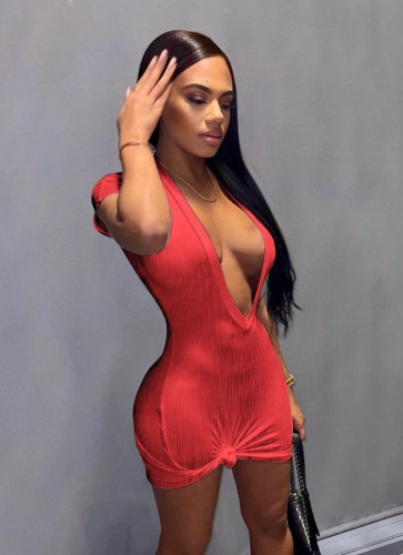 Red Ribbed Deep-V Short Sleeves Bodycon Mini Dress