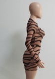 Zebra Print Round Neck Long Sleeves Mini Slinky Dress