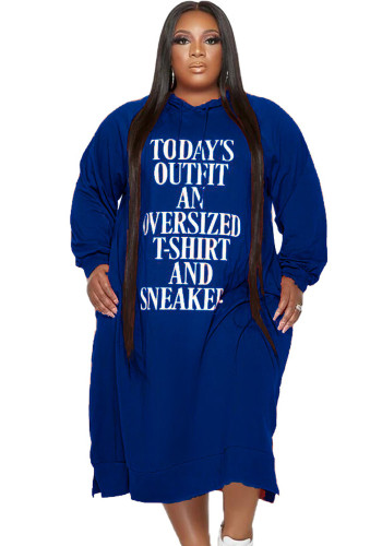 Plus Size Letter Print Blue Long Sleeves Loose Drawstring Hoody Dress