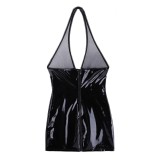 Black PU Leather Mesh Halter Sleeveless Slinky Mini Dress