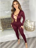Burgunry Deep-V Long Sleeves Lace Up Bodycon Jumpsuit