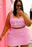 Pink U-Neck Sleeveless Print Crop Tank Plus Size Skirt 2PCS Set