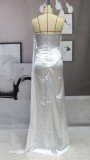 White Silk Single Shoulder Sleeveless Slit Maxi Dress