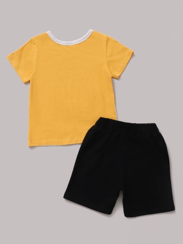Kids Boy Yellow O-Neck Short Sleeve Tee and Black Shorts 2PCS Set