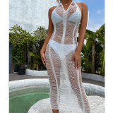 Sexy White Halter Knitting Hollow Out Long Beach Dress Cover Ups