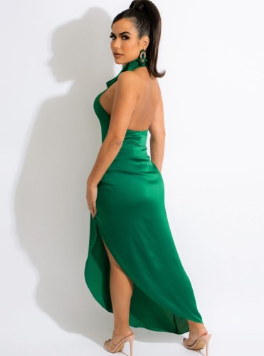Green Silk V-Neck Sleeveless Backless Irregular Maxi Dress