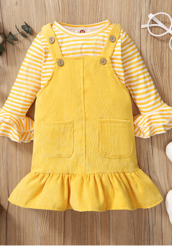 Baby Girl Yellow Stripes Flare Sleeve Top and Slip Dress with Pocket 2PCS Set