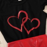 Kids Girl Heart Print Black Short Sleeve Shirt and Red Leather Skirt 2PCS Set