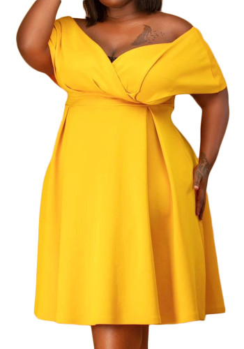 Plus Size Yellow Solid Off Shoulder Short Sleeves Midi Dress