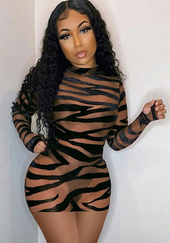 Zebra Print Round Neck Long Sleeves Mini Slinky Dress