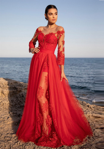 Red Mesh Lace Long Sleeves O-Neck Maxi Wedding Dress