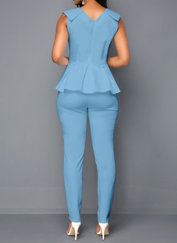 Blue V-Neck Sleeveless Frill Hem Top and Pants 2PCS Set