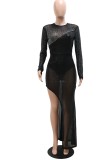 Rhinestone Black Sequin O-Neck Long Sleeves Slit Sheath Maxi Dress