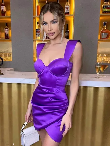 Purple Cami Sleeveless Silky Ruched Mini Asymmetrical Dress