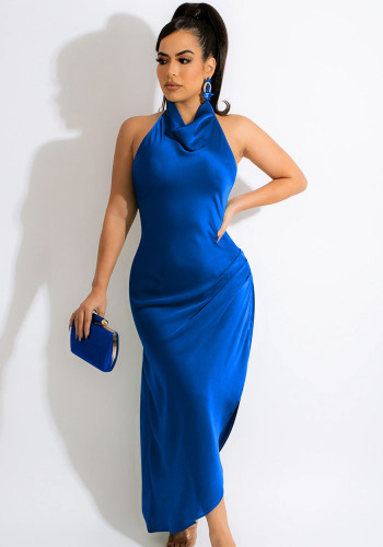 Blue Silk V-Neck Sleeveless Backless Irregular Maxi Dress