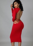 Red V-Neck Long Sleeves Hollow Out Backless Midi Slinky Dress