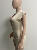 Beige Ribbed Deep-V Short Sleeves Bodycon Mini Dress