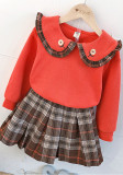 Baby Girl Red Kintted Long Sleeve Top and Mini Plaid Skirt 2PCS Set