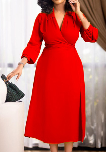 Red Turndown Collar V-Neck 3/4 Sleeves Long Office Dress