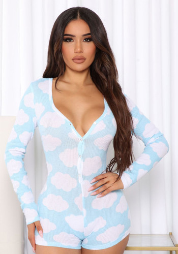 White Cloud Print Sky Blue Ribbed V-Neck Long Sleeves Button Up Skinny Rompers