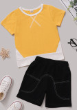 Kids Boy Yellow O-Neck Short Sleeve Tee and Black Shorts 2PCS Set