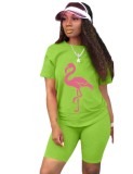 Green Round Neck Short Sleeve Animal Print Shorts 2PCS Set