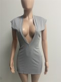 Grey Ribbed Deep-V Short Sleeves Bodycon Mini Dress