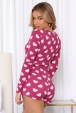 White Heart Print Dk-Pink Ribbed V-Neck Long Sleeves Button Up Skinny Rompers