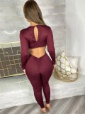 Burgunry Deep-V Long Sleeves Lace Up Bodycon Jumpsuit