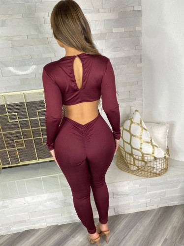 Burgunry Deep-V Long Sleeves Lace Up Bodycon Jumpsuit