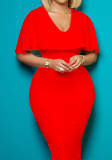 Red V-Neck Cape Sleeve Slim Fit Midi Office Dress
