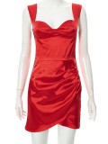 Red Cami Sleeveless Silky Ruched Mini Asymmetrical Dress
