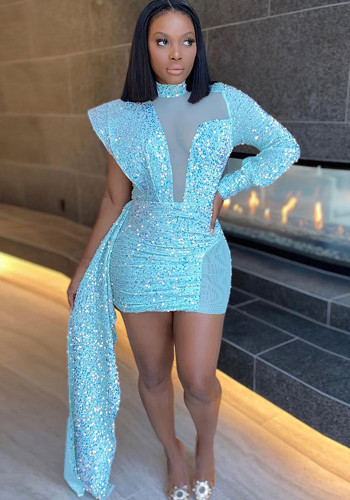 Blue Sequined Mesh Midi Neck One Sleeve Shirring Fitted Mini Dress