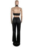 Black Metal-Ring Halter Crop Top and Loose Pants 2PCS Set