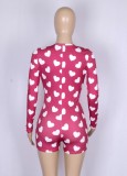 White Heart Print Dk-Pink Ribbed V-Neck Long Sleeves Button Up Skinny Rompers