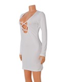 White U-Neck Long Sleeves Lace Up Mini Bodycon Dress