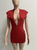 Red Ribbed Deep-V Short Sleeves Bodycon Mini Dress