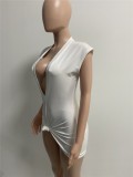White Ribbed Deep-V Short Sleeves Bodycon Mini Dress