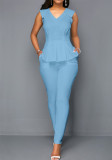 Blue V-Neck Sleeveless Frill Hem Top and Pants 2PCS Set