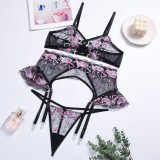 Embroidery Black Bra And Panty Galter Lingerie 3PCS Set