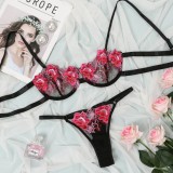 Pink Embroidery Black Cami Bra And Panty Lingerie 2PCS Set