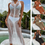 Sexy White Halter Knitting Hollow Out Long Beach Dress Cover Ups