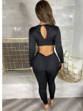 Black Deep-V Long Sleeves Lace Up Bodycon Jumpsuit