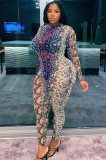 Snake Skin Print Round Neck Long Sleeves Bodycon Jumpsuit