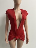 Red Ribbed Deep-V Short Sleeves Bodycon Mini Dress
